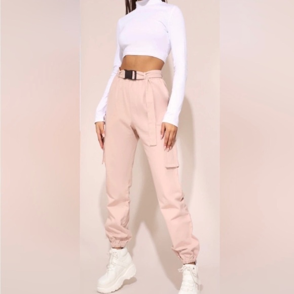 Pretty Little Thing Pink Utility Belted Cargo Joggers 12 - Picture 1 of 8